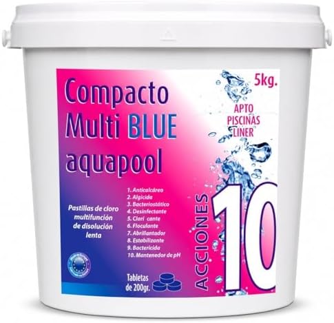 Compacto 10 ACCIONES AQUAPOOL (200 GR) - Pastillas de Cloro multifunción - Disolución Lenta - Apto Piscinas Liner (5 KG): Amazon.es: Jardín